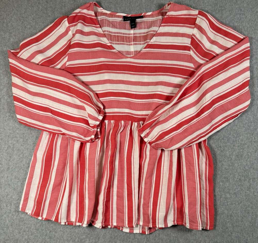 Lane Bryant Baja Stripe Babydoll Blouse Peplum Top Pink White Long Sleeve 14/16